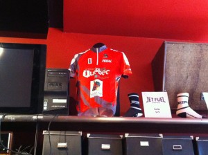 Anton's KOM jersey finding it's home at the Jet Fuel Coffee Shop.